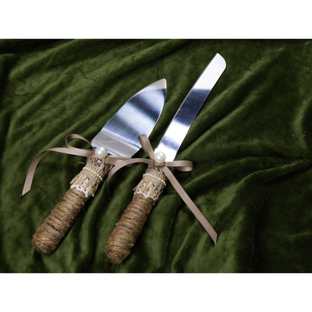 Rustic Wedding Cake Knife Server Set Burlap Lace Twine Pearl Accents With Box